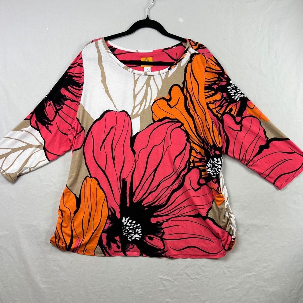 Ruby Rd Floral Tunic Top Women 3X Pink Orange 3/4 Sleeve Stretch Ruched Casual
